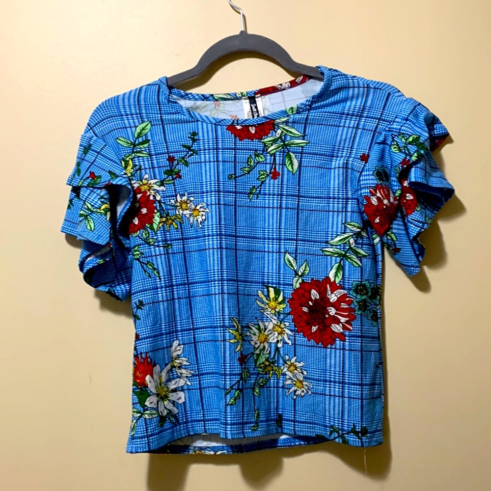 Plaid Floral Top with Layered Sleeves